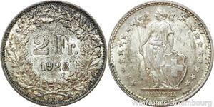 R7702 Switzerland 2 Francs Helvetia 1928 B Berne Silver AU -> Make offer