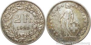 R7703 Switzerland 2 Francs Helvetia 1928 B Berne Silver -> Make offer