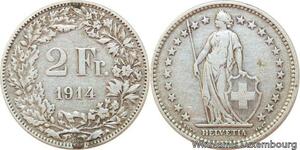 R7707 Switzerland 2 Francs Helvetia 1914 B Berne Silver -> Make offer