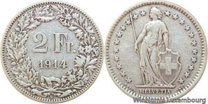 R7708 Switzerland 2 Francs Helvetia 1914 B Berne Silver -> Make offer