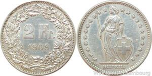 R7713 Switzerland 2 Francs Helvetia 1909 B Berne Silver AU -> Make offer