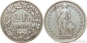 R7714 Switzerland 2 Francs Helvetia 1908 B Berne Silver -> Make offer