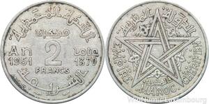 R8002 Morocco 2 Francs Mohammed V AH 1370 1951 A Paris -> Make offer