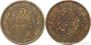 R8036 Tunisia 2 Francs AH 1365 1945 A Paris -> Make offer