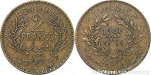 R8039 Tunisia 2 Francs AH 1365 1945 A Paris -> Make offer