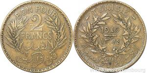 R8042 Tunisia 2 Francs AH 1365 1945 A Paris -> Make offer