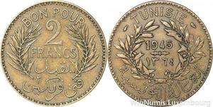 R8043 Tunisia 2 Francs AH 1365 1945 A Paris -> Make offer