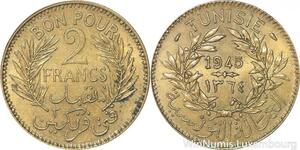 R8044 Tunisia 2 Francs AH 1365 1945 A Paris AU -> Make offer