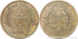 R8046 Tunisia 2 Francs AH 1365 1945 A Paris -> Make offer