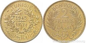 R8047 Tunisia 2 Francs AH 1365 1945 A Paris AU -> Make offer