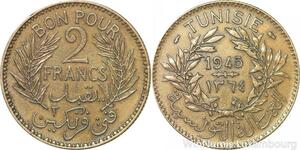 R8048 Tunisia 2 Francs AH 1365 1945 A Paris -> Make offer