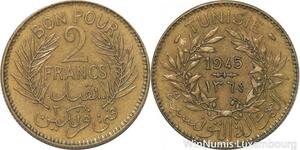 R8060 Tunisia 2 Francs AH 1365 1945 A Paris -> Make offer
