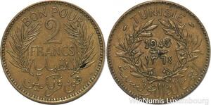 R8062 Tunisia 2 Francs AH 1365 1945 A Paris -> Make offer