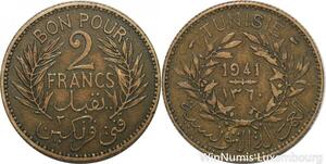 R8064 Tunisia 2 Francs AH 1360 1941 A Paris -> Make offer