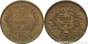 R8065 Tunisia 2 Francs AH 1360 1941 A Paris -> Make offer