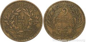 R8069 Tunisia 2 Francs AH 1360 1941 A Paris -> Make offer