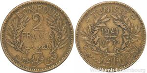 R8070 Tunisia 2 Francs AH 1360 1941 A Paris -> Make offer