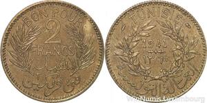 R8073 Tunisia 2 Francs AH 1360 1941 A Paris -> Make offer