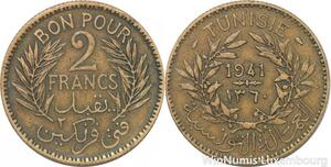 R8074 Tunisia 2 Francs AH 1360 1941 A Paris -> Make offer