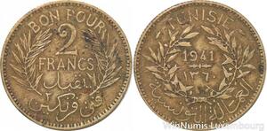 R8075 Tunisia 2 Francs AH 1360 1941 A Paris -> Make offer