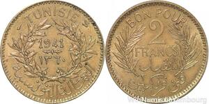 R8076 Tunisia 2 Francs AH 1360 1941 A Paris -> Make offer