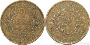 R8077 Tunisia 2 Francs AH 1360 1941 A Paris -> Make offer