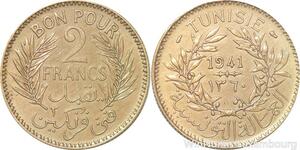 R8079 Tunisia 2 Francs AH 1360 1941 A Paris AU -> Make offer