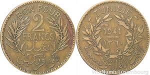 R8080 Tunisia 2 Francs AH 1360 1941 A Paris -> Make offer