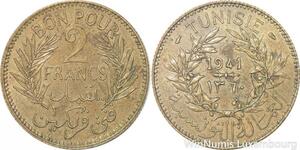 R8082 Tunisia 2 Francs AH 1360 1941 A Paris -> Make offer