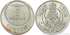 R8084 Tunisia 5 Francs Muhammad al-Amin Bey AH 1373 1954 Paris AU
