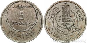 R8085 Tunisia 5 Francs Muhammad al-Amin Bey AH 1373 1954 Paris