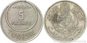 R8087 Tunisia 5 Francs Muhammad al-Amin Bey AH 1373 1954 Paris