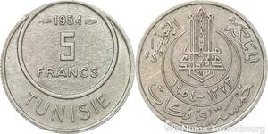 R8088 Tunisia 5 Francs Muhammad al-Amin Bey AH 1373 1954 Paris AU
