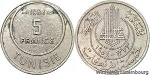 R8089 Tunisia 5 Francs Muhammad al-Amin Bey AH 1373 1954 Paris