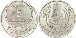 R8090 Tunisia 5 Francs Muhammad al-Amin Bey AH 1373 1954 Paris AU