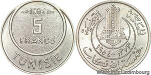 R8091 Tunisia 5 Francs Muhammad al-Amin Bey AH 1373 1954 Paris UNC