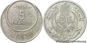 R8092 Tunisia 5 Francs Muhammad al-Amin Bey AH 1373 1954 Paris