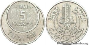 R8093 Tunisia 5 Francs Muhammad al-Amin Bey AH 1373 1954 Paris