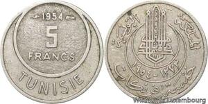R8094 Tunisia 5 Francs Muhammad al-Amin Bey AH 1373 1954 Paris