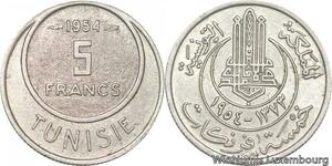 R8095 Tunisia 5 Francs Muhammad al-Amin Bey AH 1373 1954 Paris