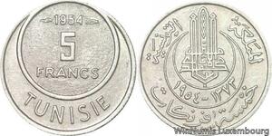 R8096 Tunisia 5 Francs Muhammad al-Amin Bey AH 1373 1954 Paris AU
