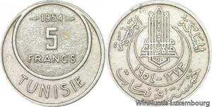 R8098 Tunisia 5 Francs Muhammad al-Amin Bey AH 1373 1954 Paris