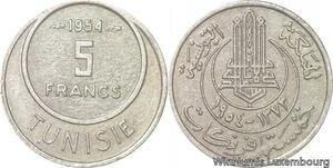 R8099 Tunisia 5 Francs Muhammad al-Amin Bey AH 1373 1954 Paris