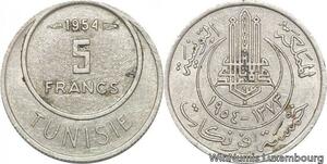 R8100 Tunisia 5 Francs Muhammad al-Amin Bey AH 1373 1954 Paris