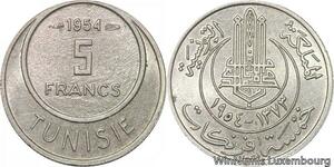 R8101 Tunisia 5 Francs Muhammad al-Amin Bey AH 1373 1954 Paris AU