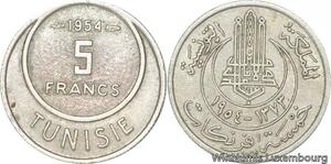 R8102 Tunisia 5 Francs Muhammad al-Amin Bey AH 1373 1954 Paris