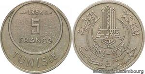R8104 Tunisia 5 Francs Muhammad al-Amin Bey AH 1373 1954 Paris