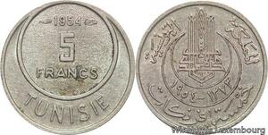 R8105 Tunisia 5 Francs Muhammad al-Amin Bey AH 1373 1954 Paris
