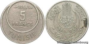 R8106 Tunisia 5 Francs Muhammad al-Amin Bey AH 1373 1954 Paris