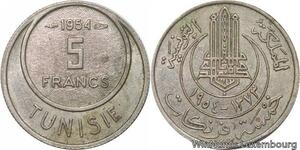 R8107 Tunisia 5 Francs Muhammad al-Amin Bey AH 1373 1954 Paris